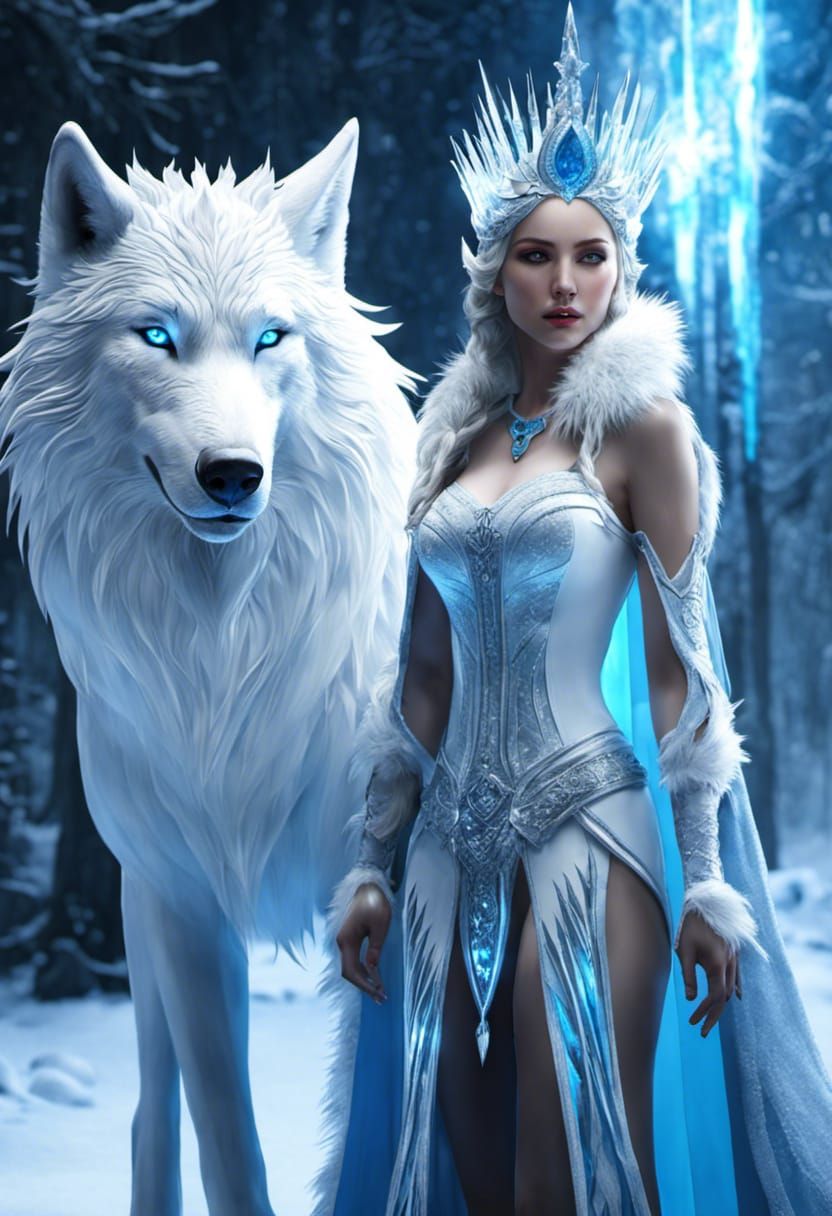 Radiant Ice Queen and White Wolf in Snow