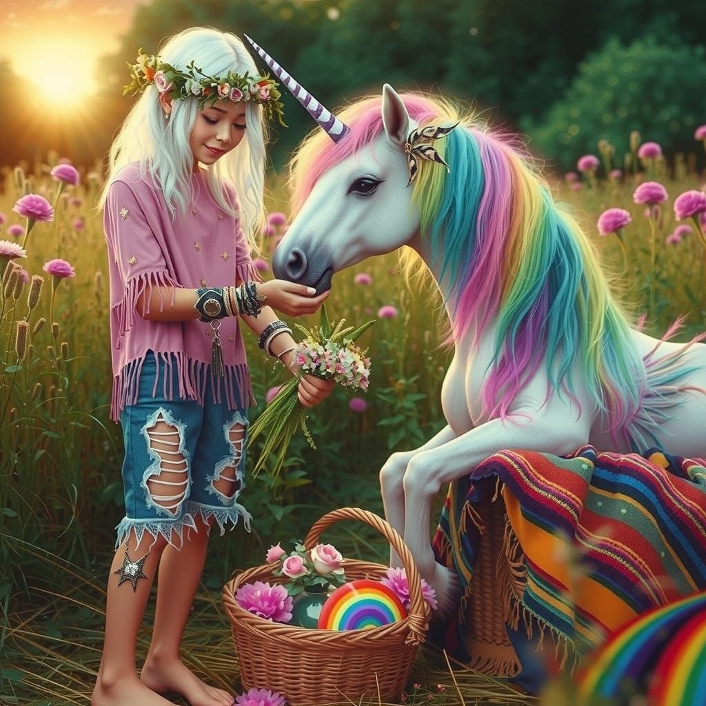 Whimsical Unicorn and Maiden in a Vibrant Meadow