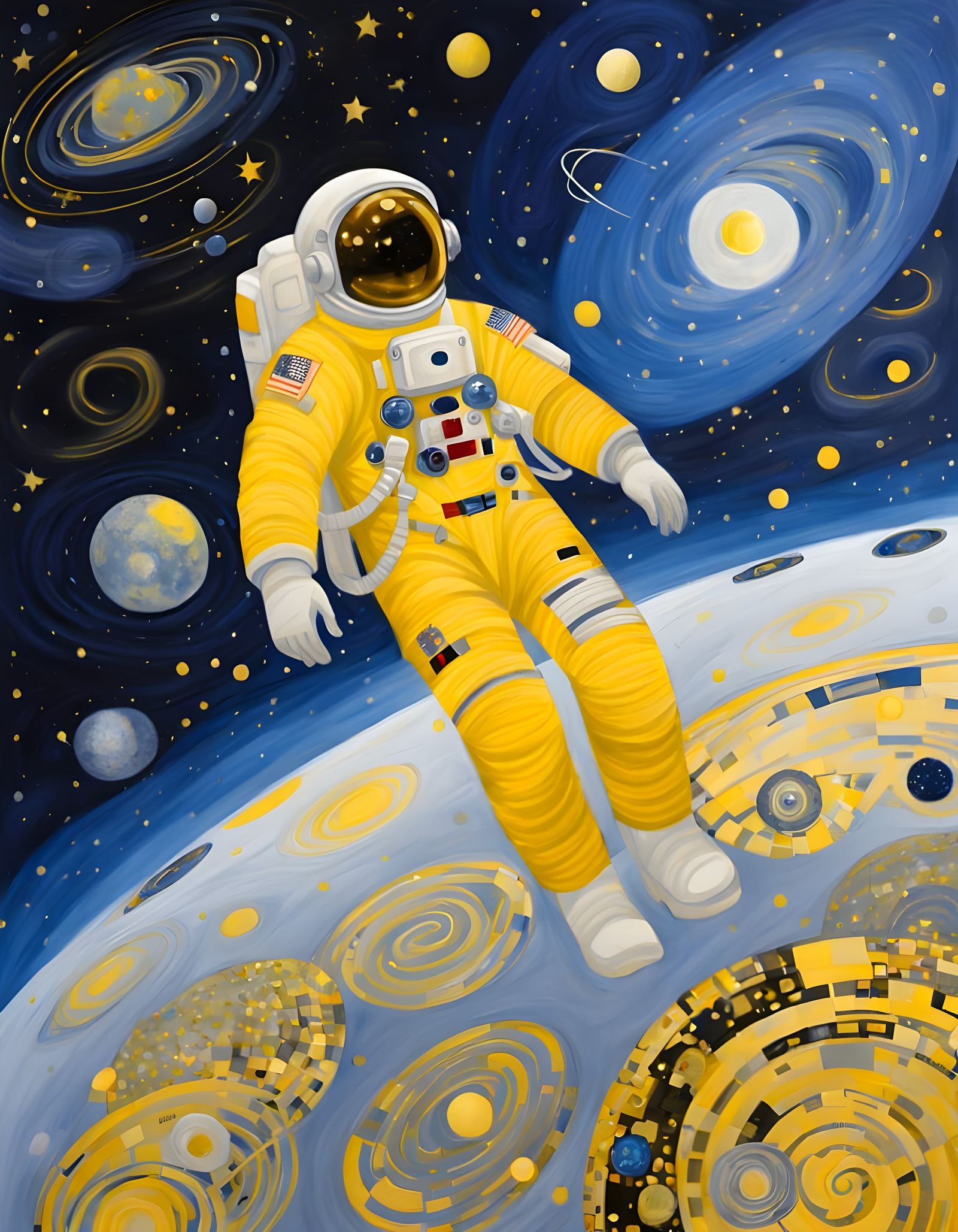 Klimt-Inspired Astronaut in Golden Yellow Hues