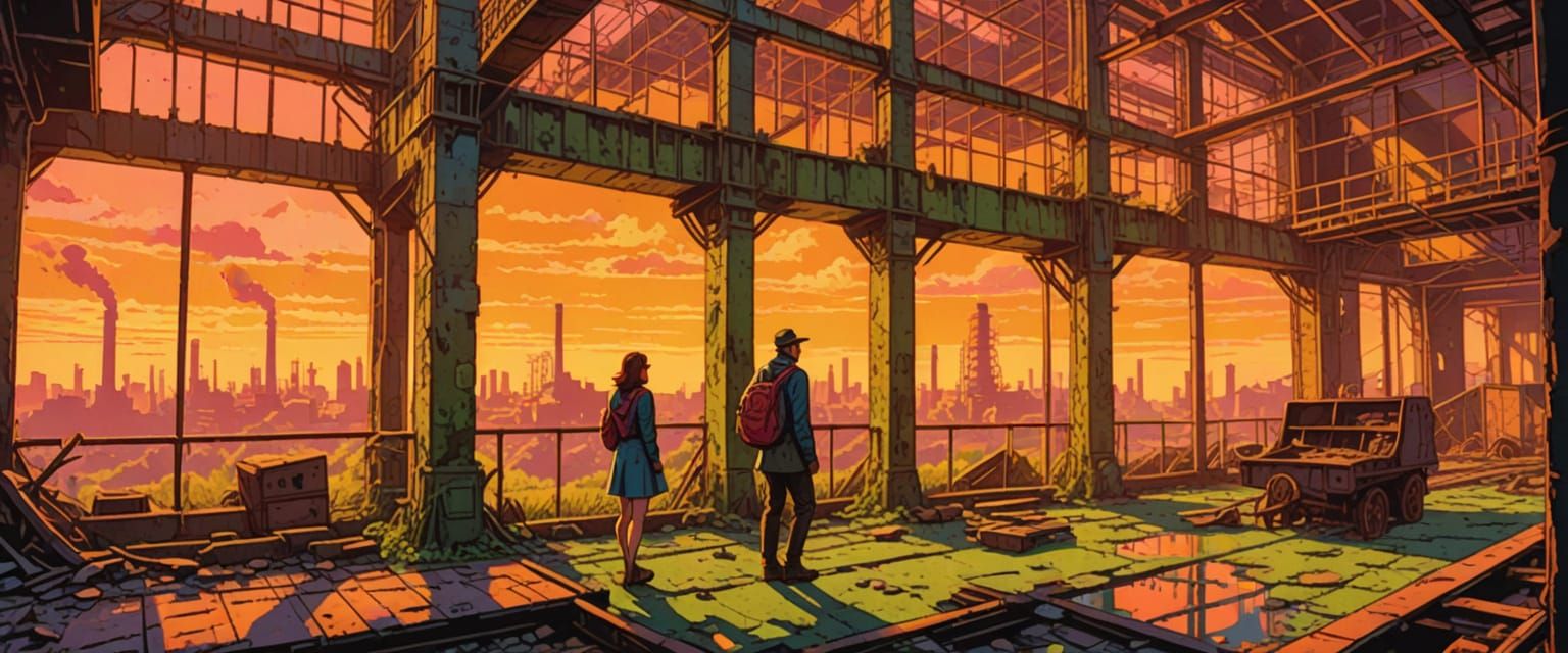 Couple Explore Abandoned Factory in Comic Book Style
