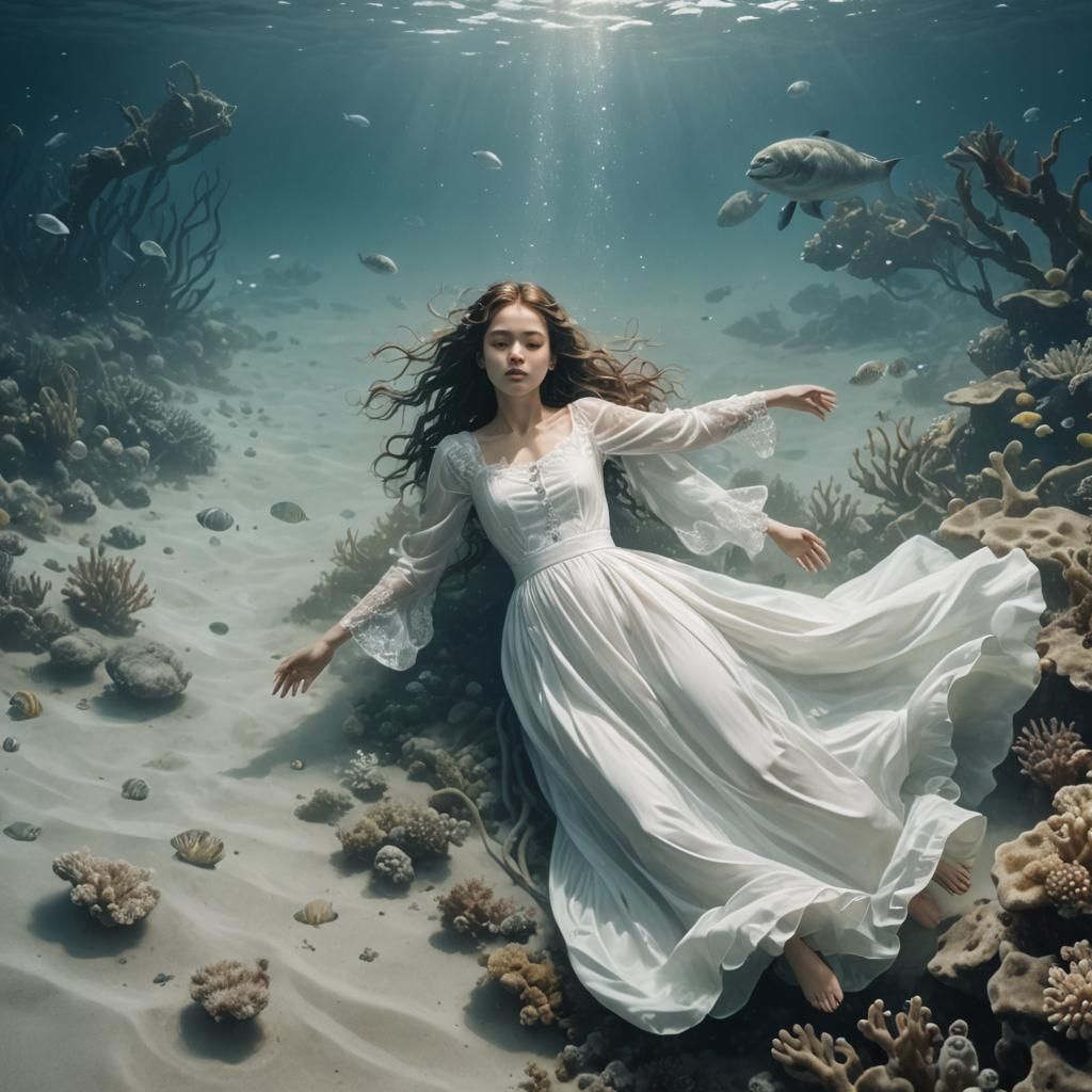 Submerged Serenity: Girl in White Gown Underwater