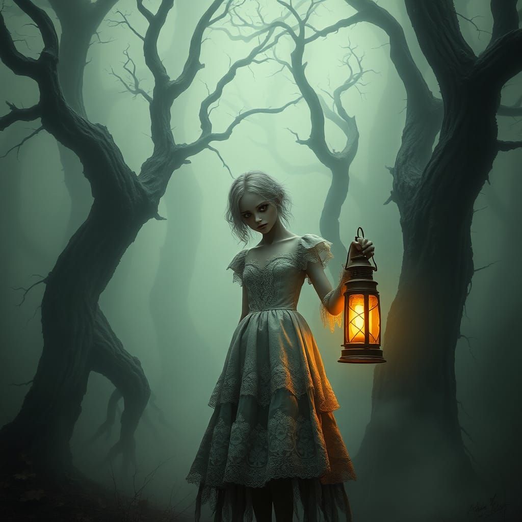 Ethereal Girl in Misty Forest, Dark Fantasy Art