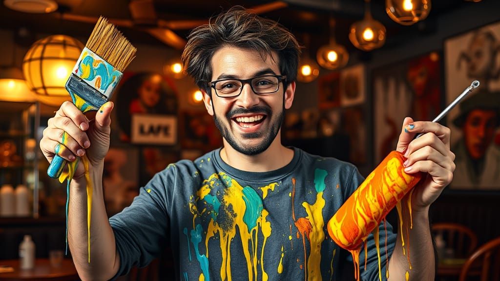 Artist in Ecstatic Creative Frenzy with Paint Dripping Brush...