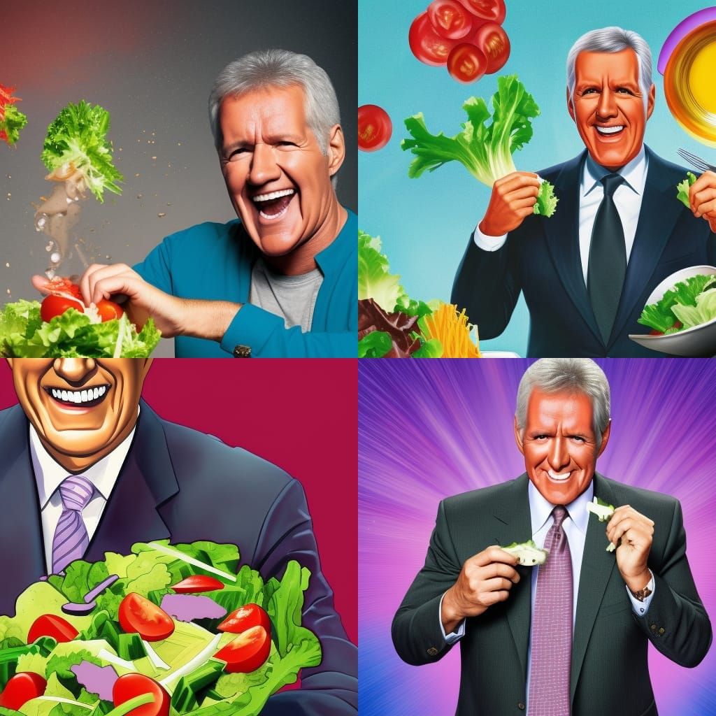 Alex Trebek Laughing: Hyperrealistic Salad Portrait