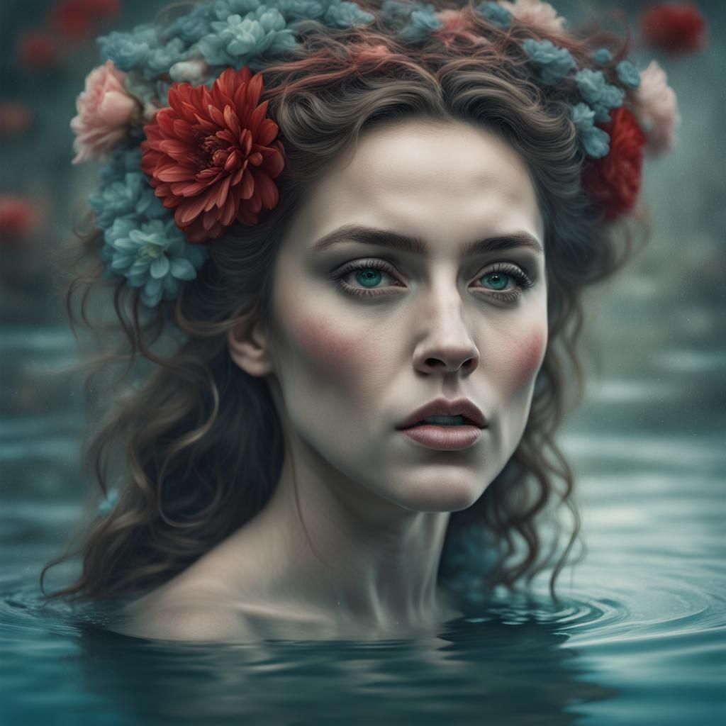 Pre-Raphaelite Woman Portrait with Flowers in Hair