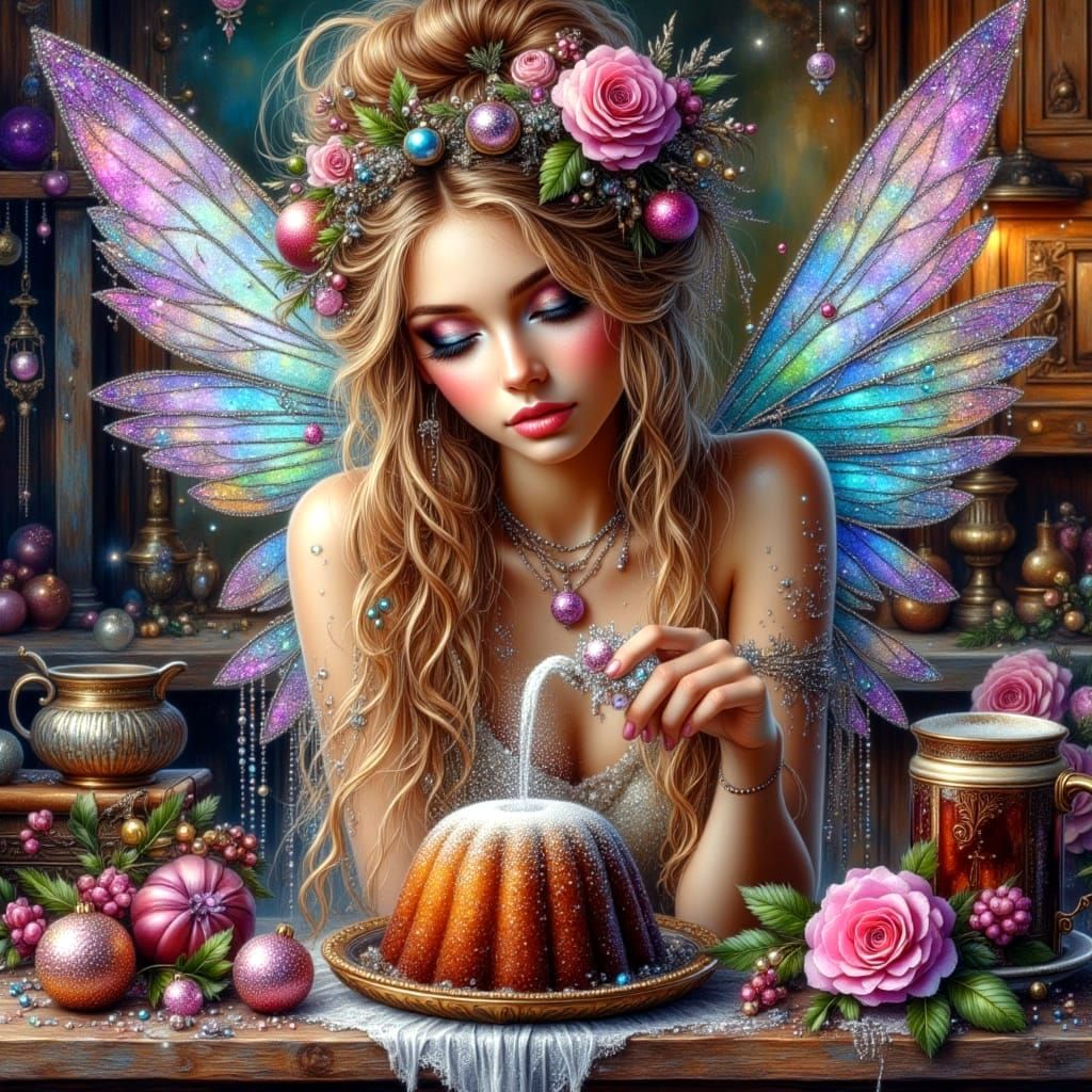 Christmas Fairy Sprinkling Magic Over Plum Pudding