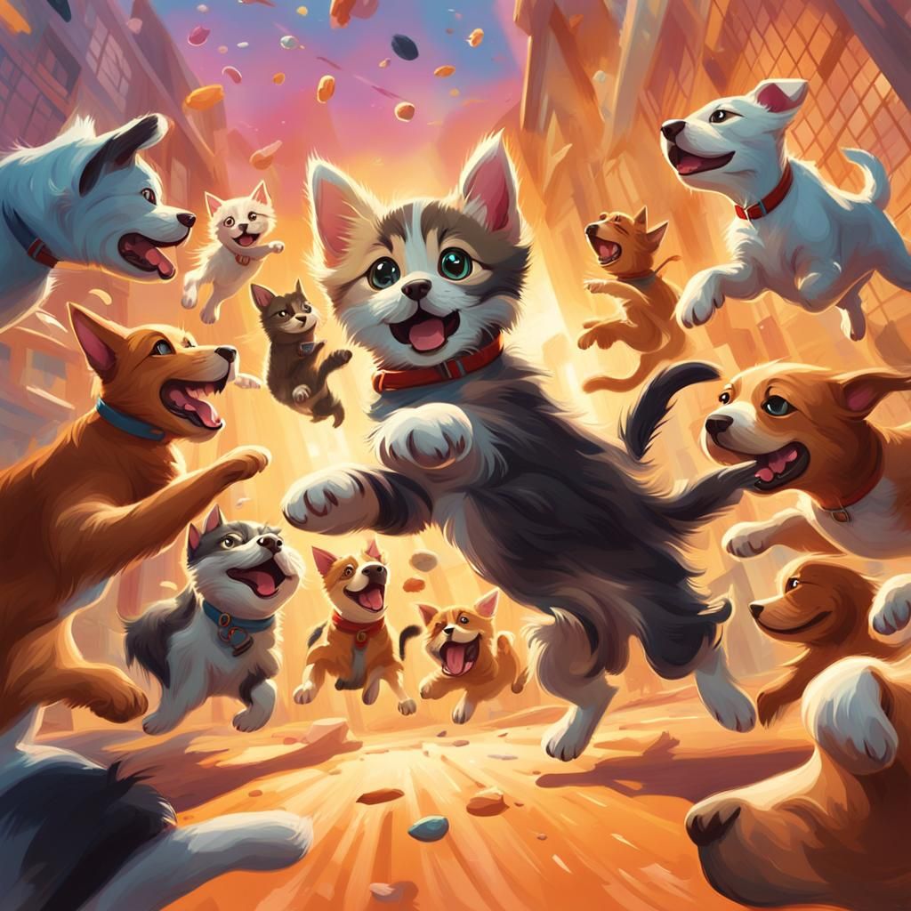 Kitten Photobombs Dog Pound in Playful Concept Art