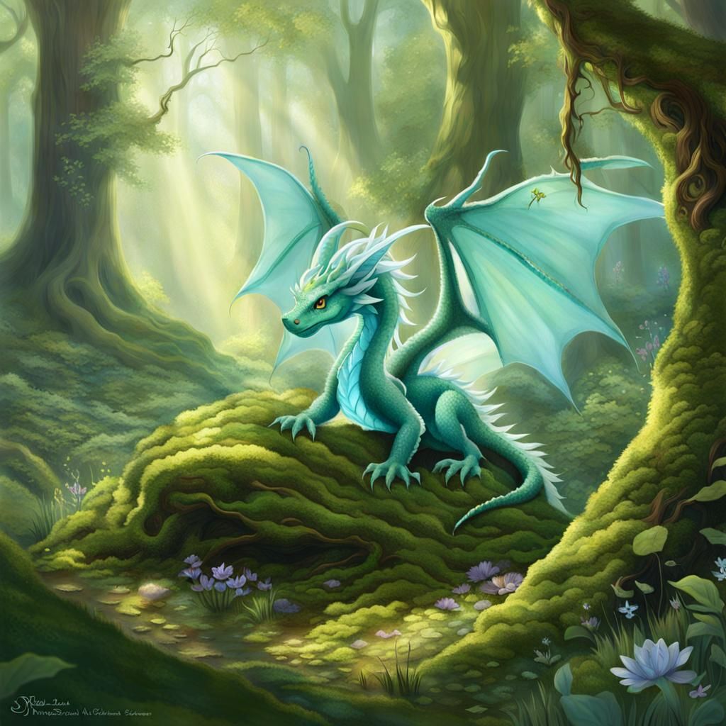 Fantasy Art: Baby Dragon in Mystical Forest Glade