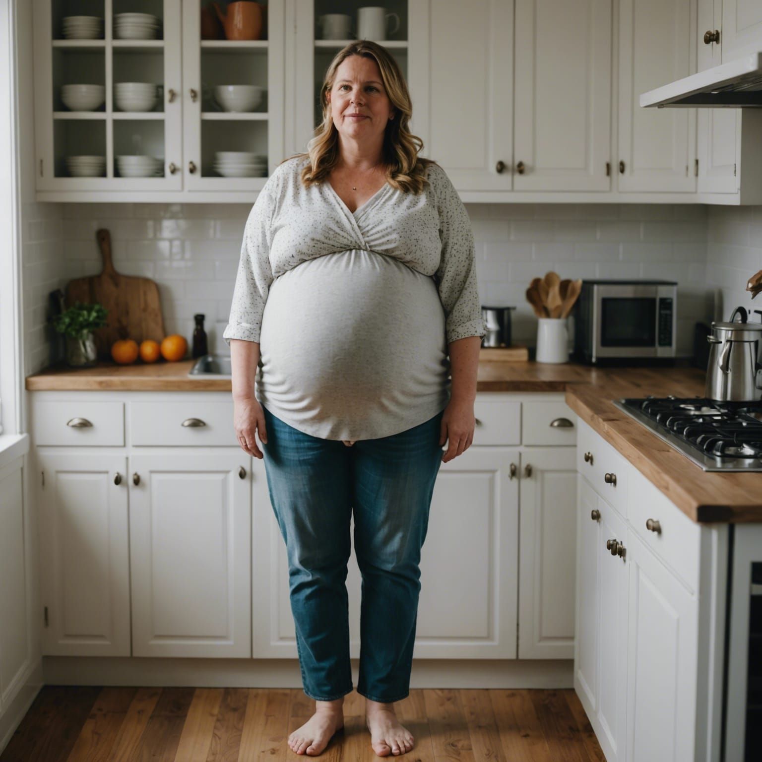 Pregnant Woman in Kitchen, Filmic Style