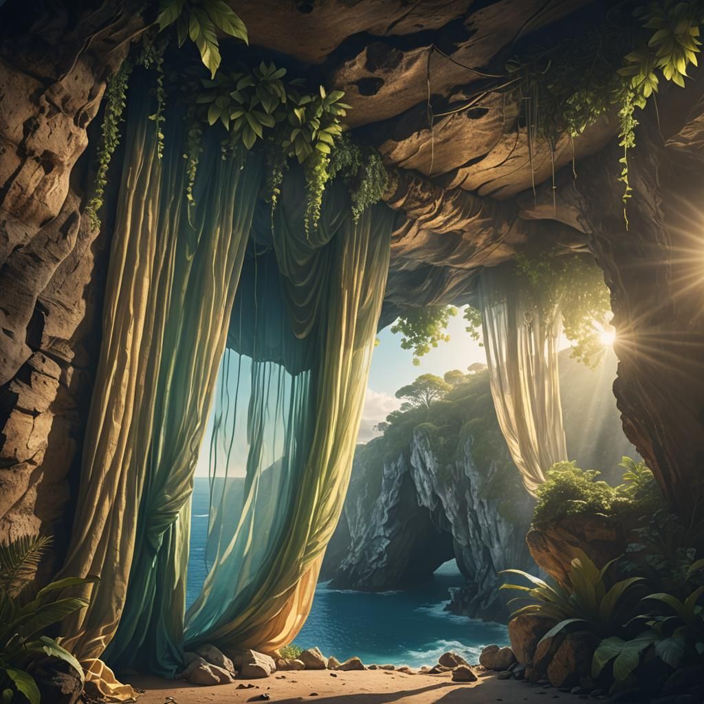 Ethereal Cave Overlooking Tropical Sea, Fantasy Art