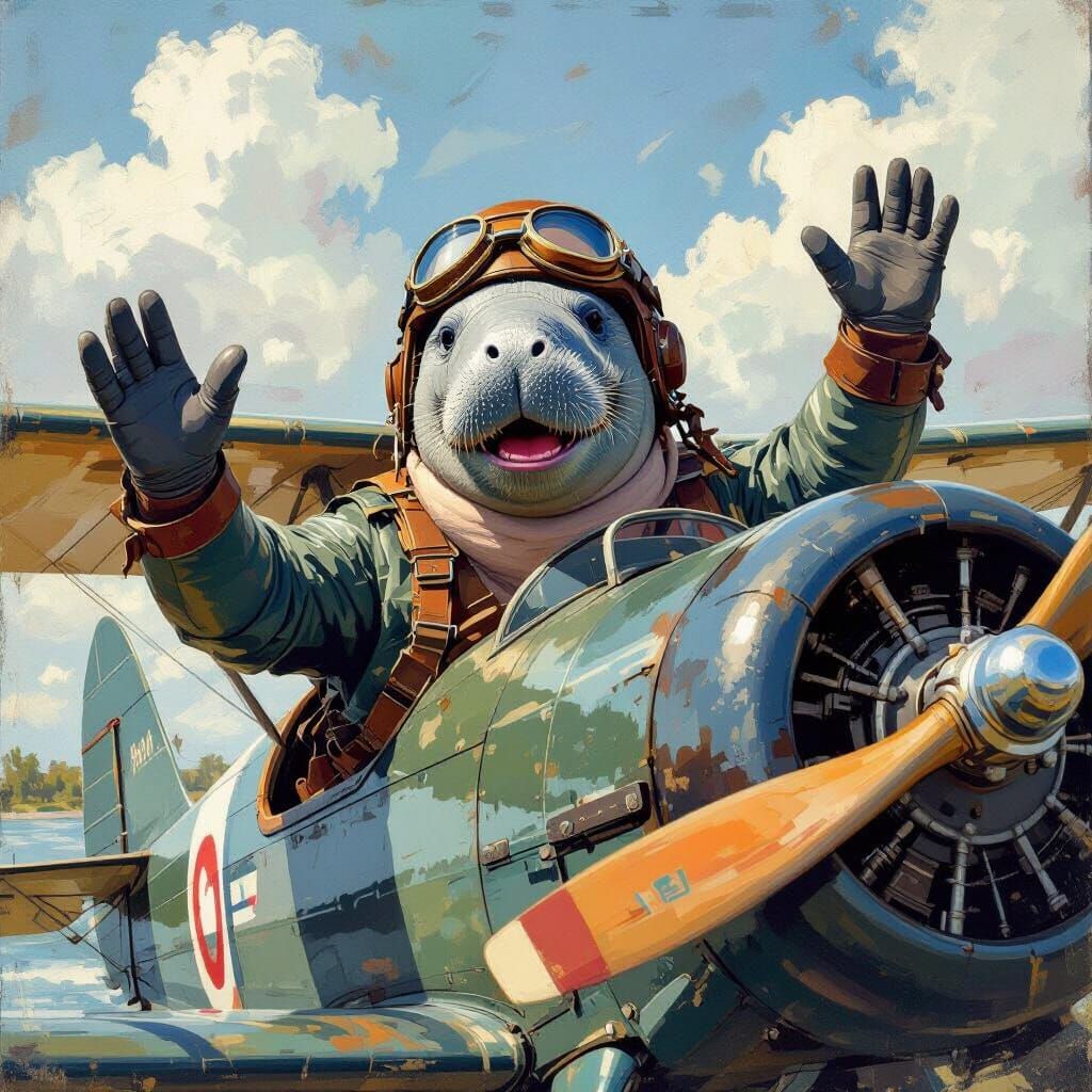 Manatee Pilot in Biplane, Maximalist Impressionist Style