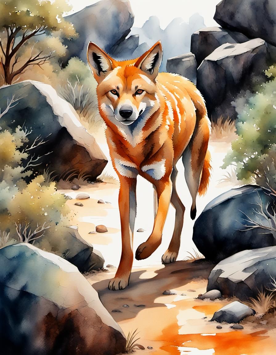Dingo Running in Australian Outback as Watercolor Painting
