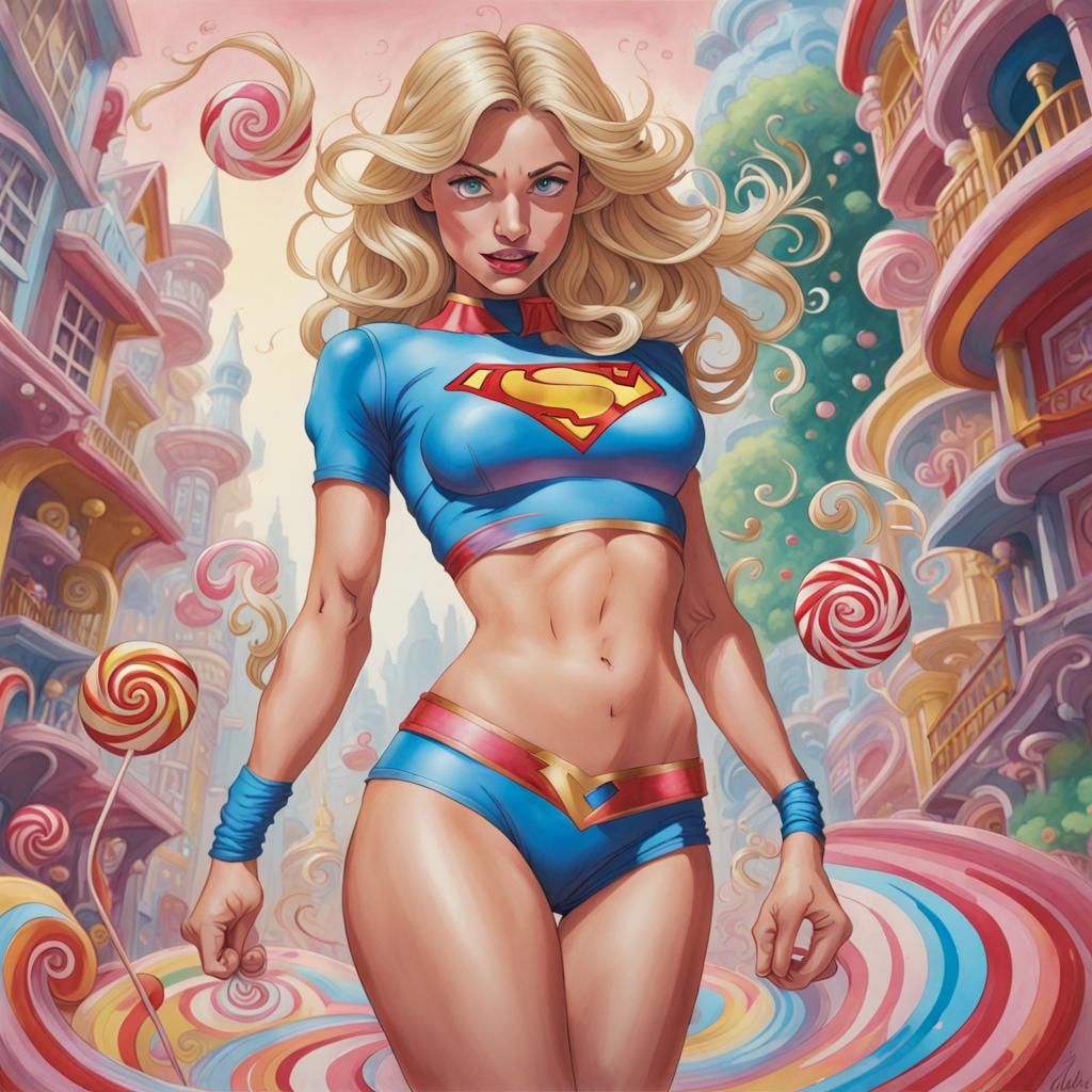 Supergirl in Candyland Wonderland with Gouache Swirls