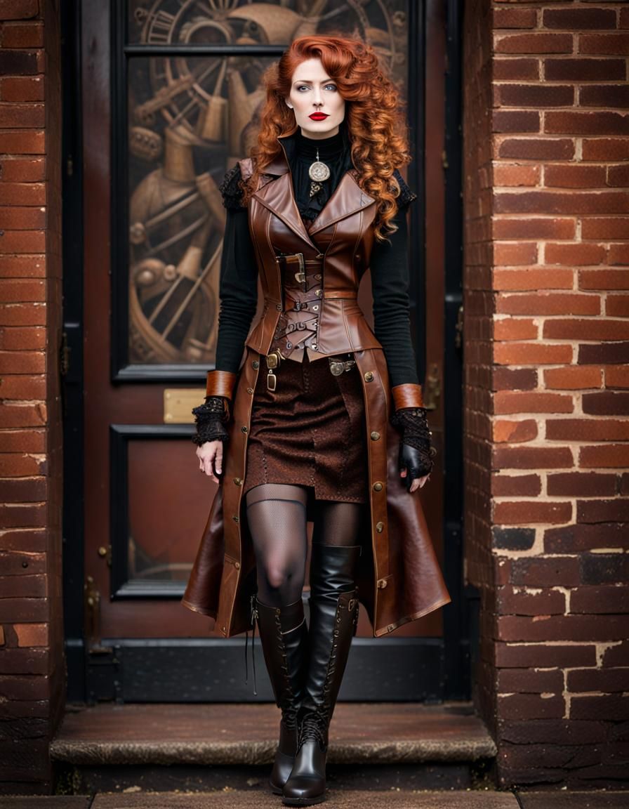 Steampunk Redhead in Leather Overcoat and Boots