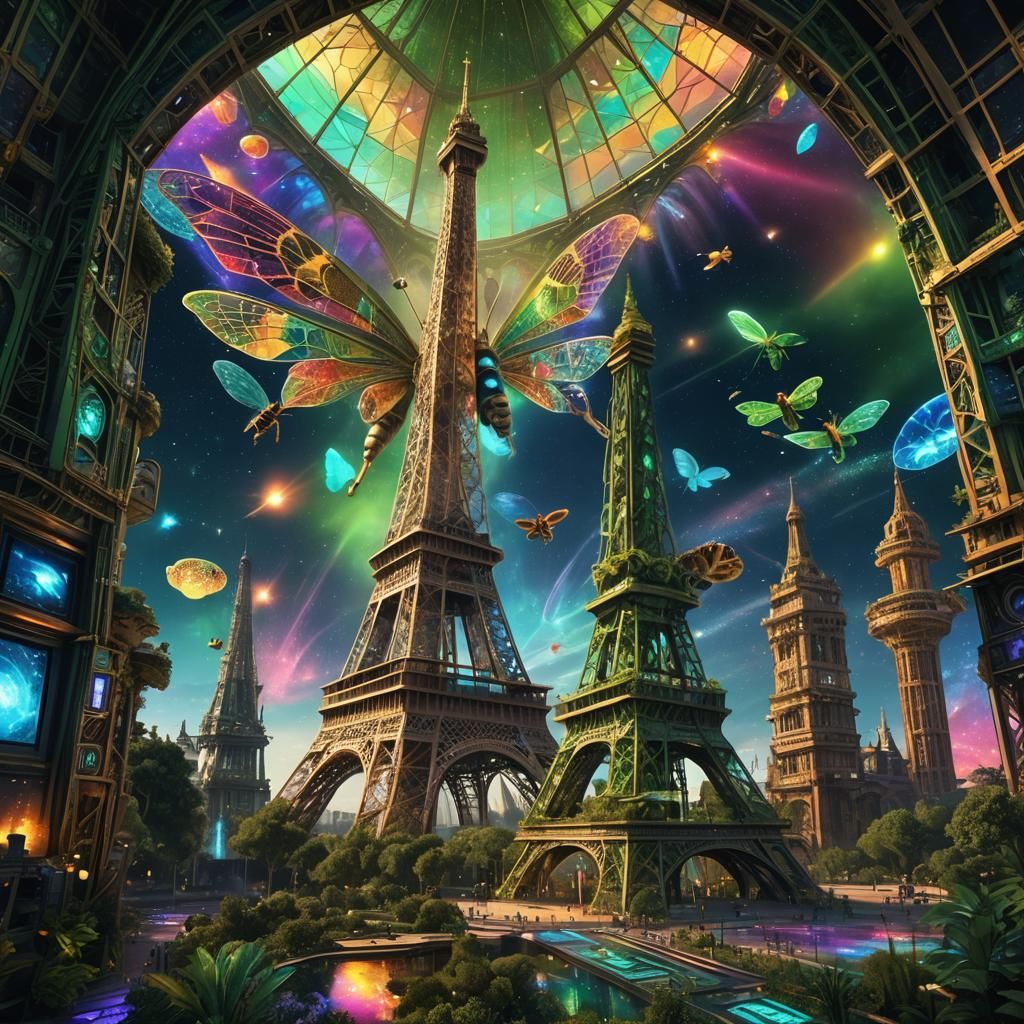 Biodigital Eiffel Tower with Mystic Bee Guardian