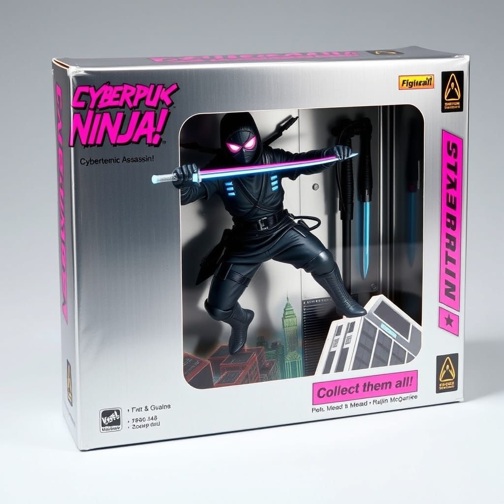 Cyberpunk Ninja Action Figure Box in Vintage Style