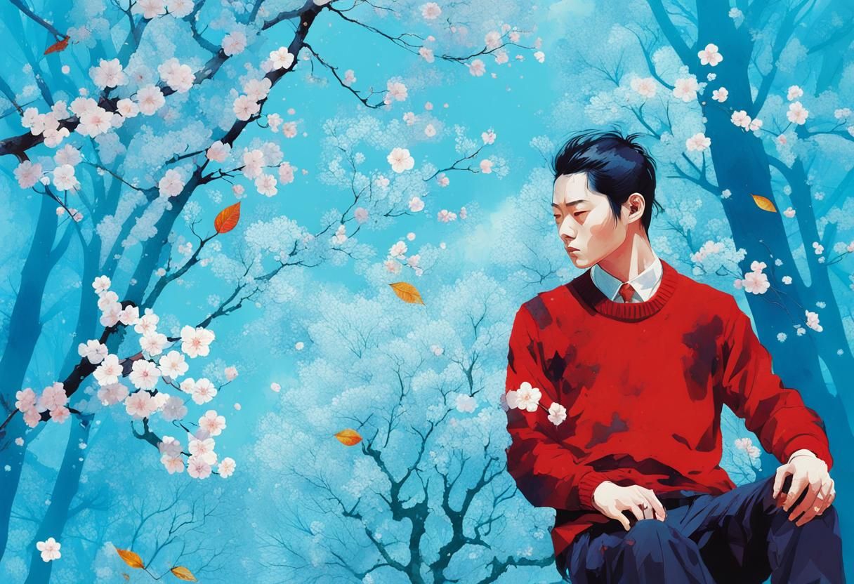 Double Exposure Portrait: Blossoms and Autumn Forest