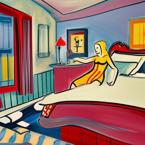 Blonde on Red Velvet Bed in Fauvist Style