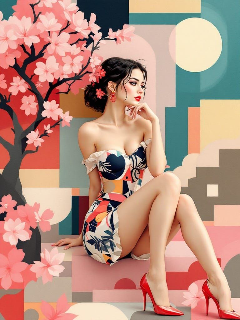 Cut-Paper Collage of a Vintage Pin-Up Girl in a Geometric Ga...