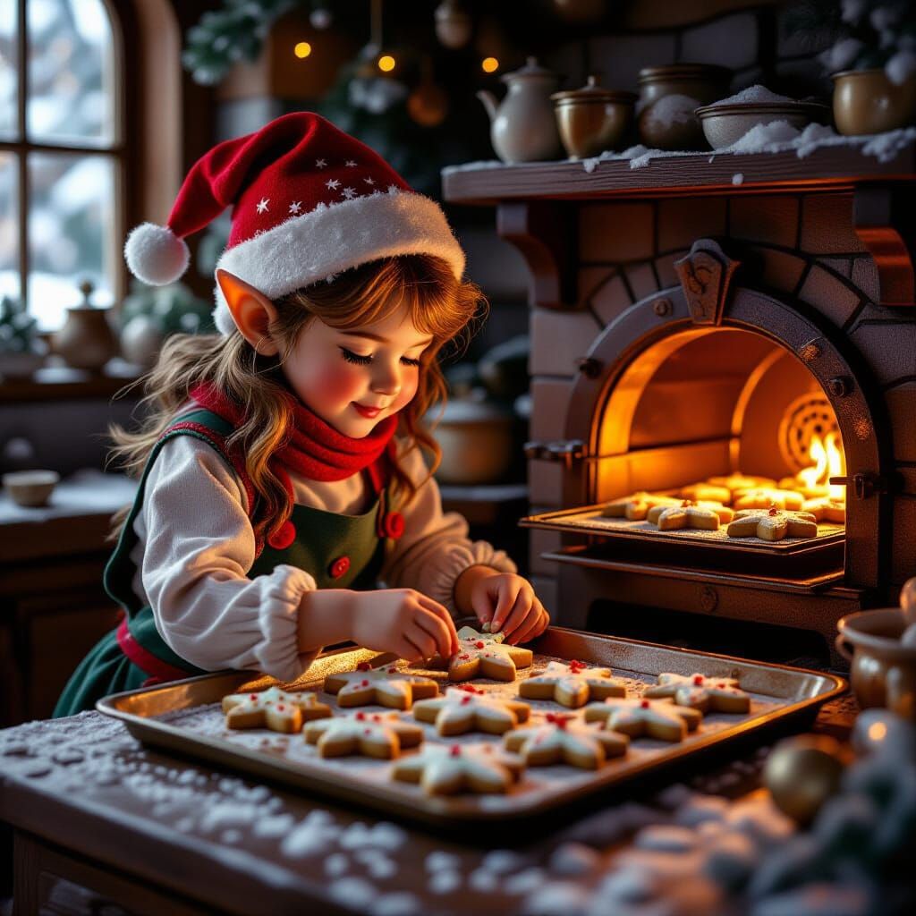 Elf Baking Magical Cookies in Whimsical Kitchen