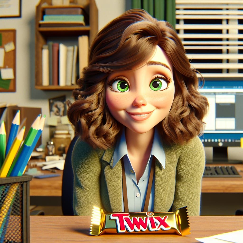 Disney Pixar style 3D beautiful woman, shoulder length wavy light brown hair, one green eye and one brown eye, sitting o...