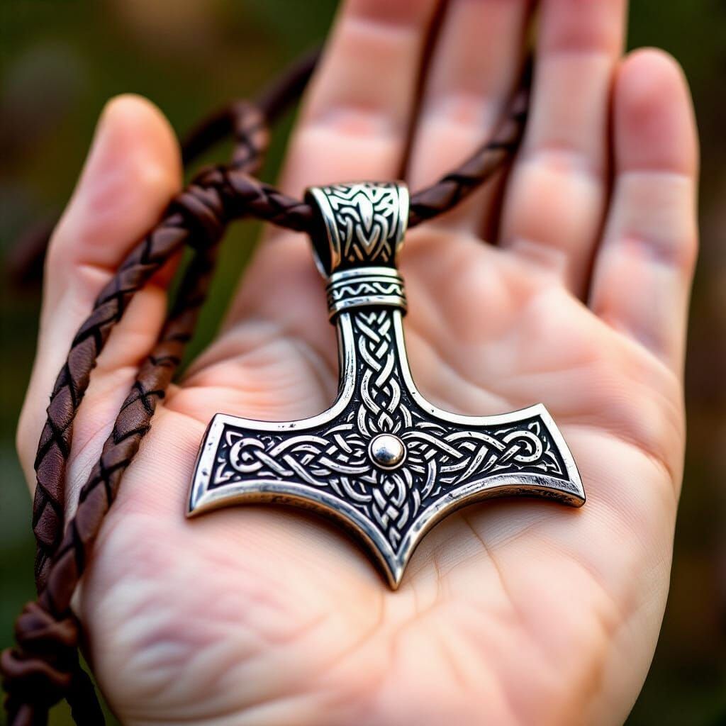Ornate Viking Mjöllnir Pendant on Hand