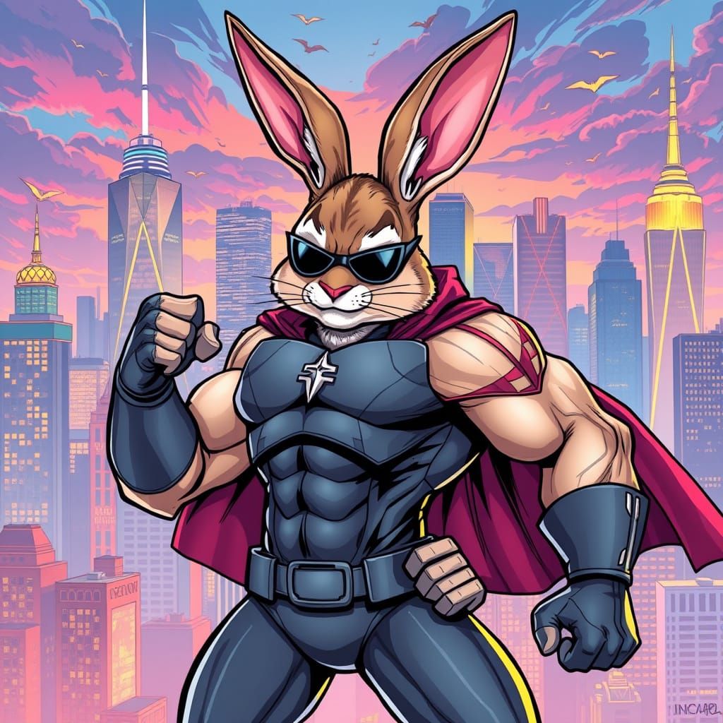 Muscular Superhero Bunny Rabbit in Comic Book Style