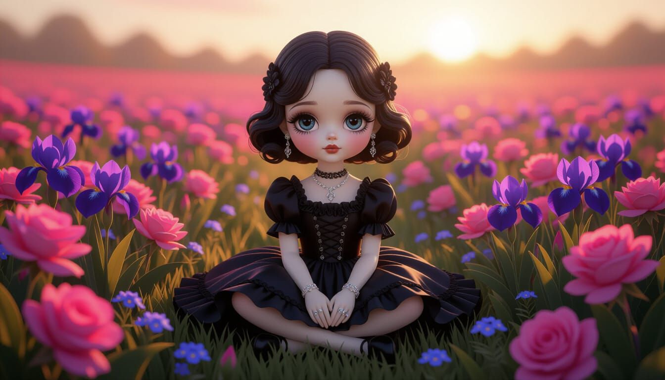 Gothling in Sunlit Flower Field, Digital Illustration