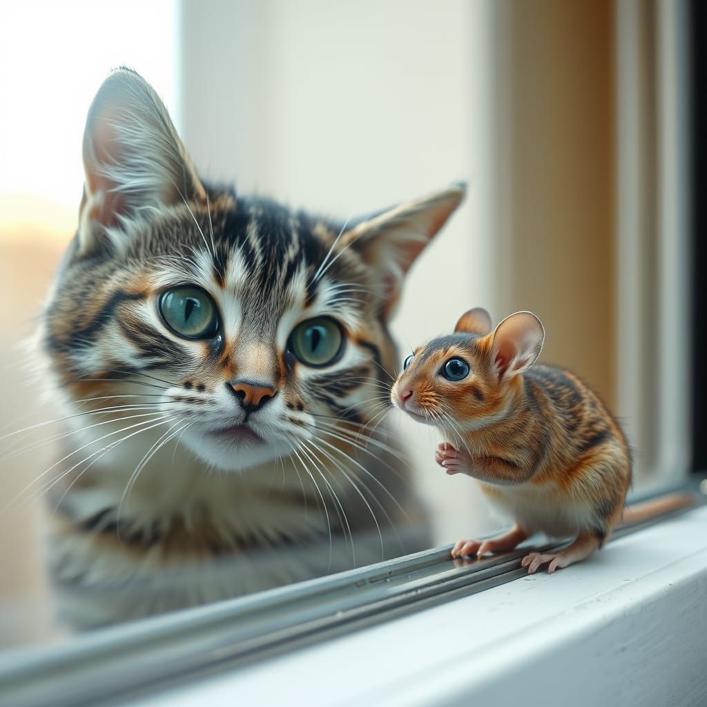 Fascinating Feline and Rodent Gaze Through a Window