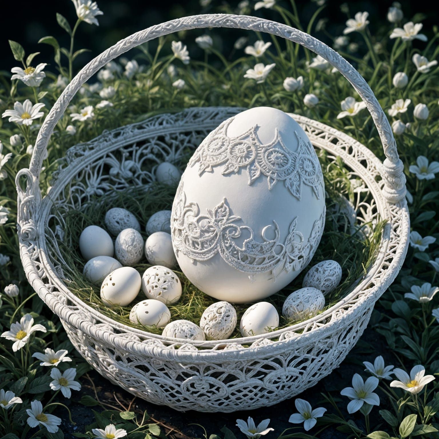 Elegant White Egg in Ornate Lace Basket