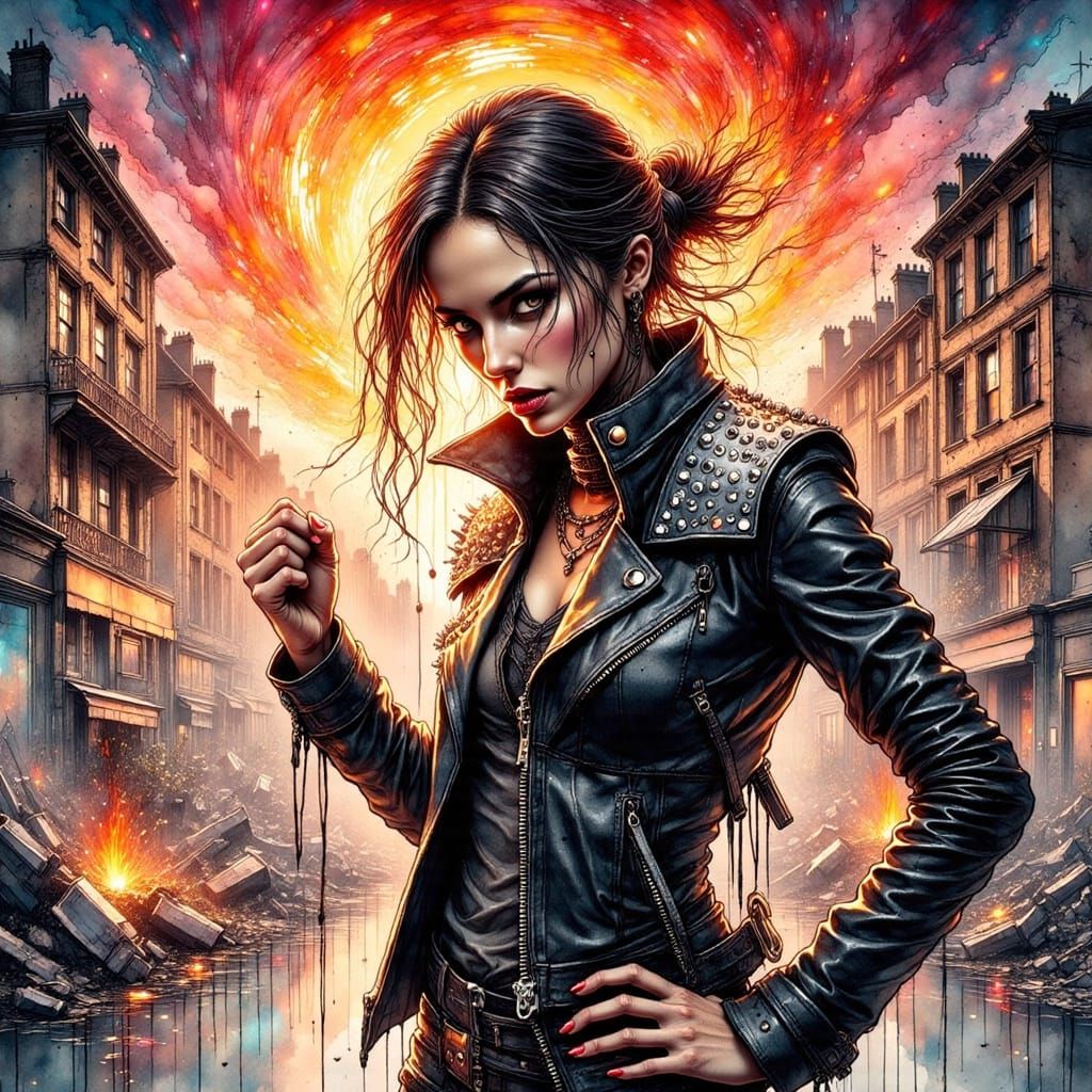 Fierce Warrior Emerges from Chaos in Vibrant Ink Style