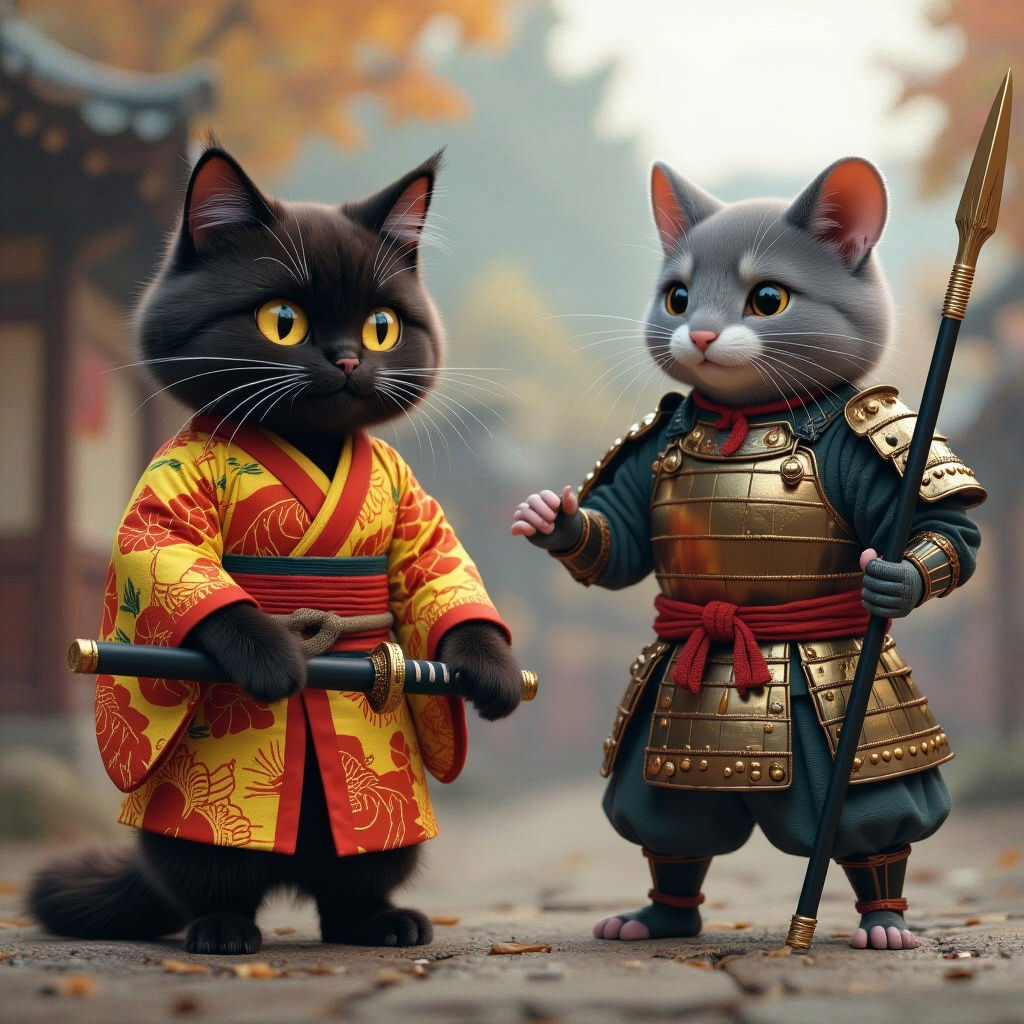 Samurai Cat Duel with Mouse in Shrek Style