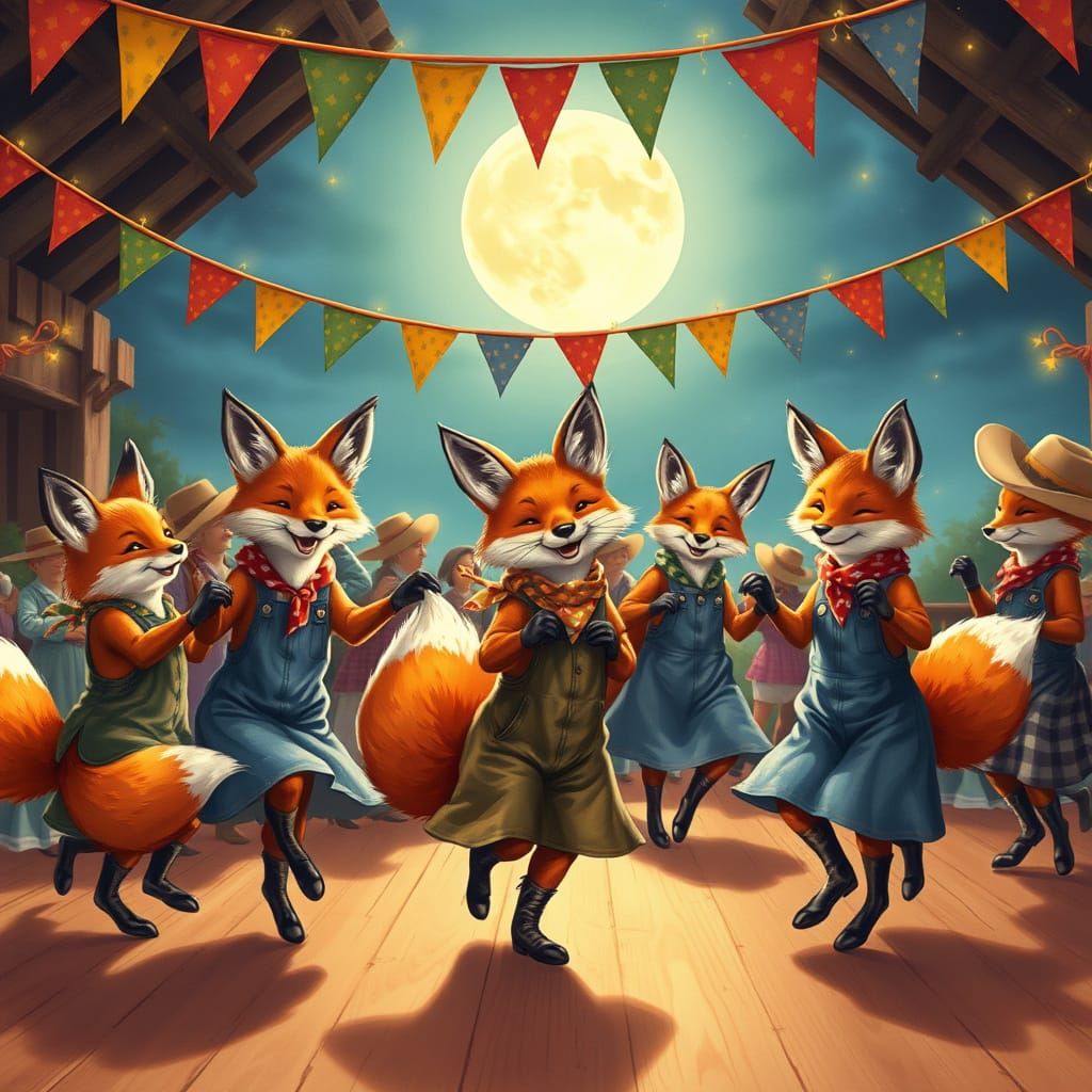 Foxes' Barn Dance in Rockwell-esque Comic Style