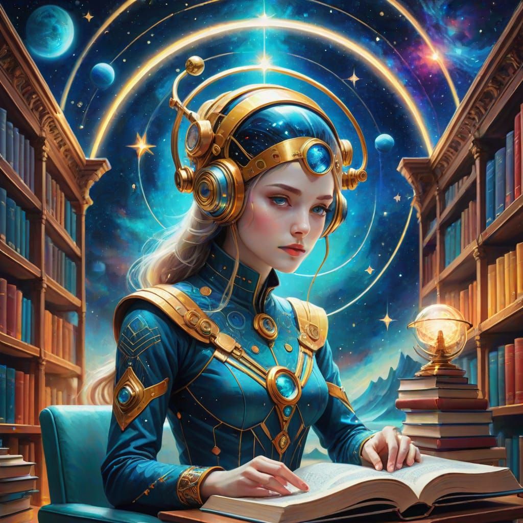 Intellectual Aquarius in a Cosmic, Starry Library