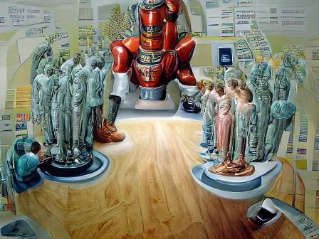 Humans Worshipping Robot God in Retrofuturistic Dystopia