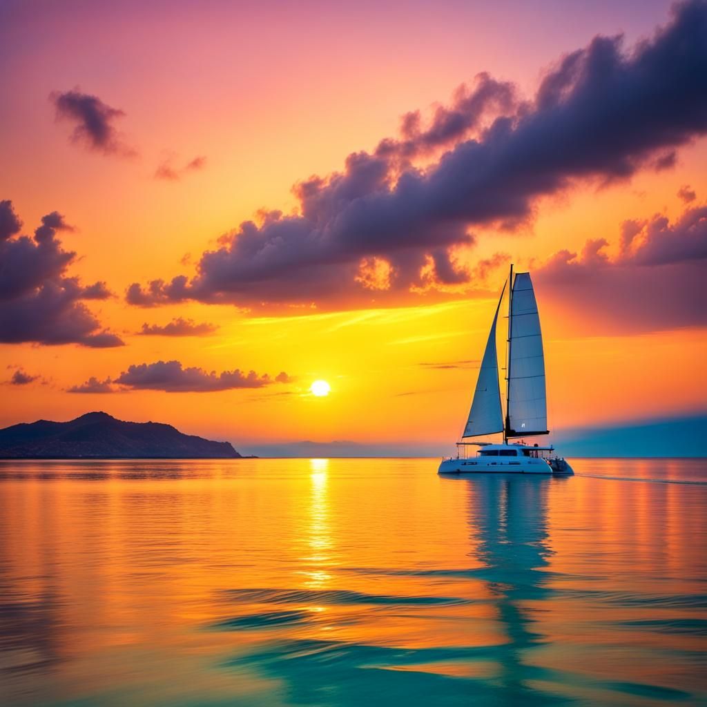 Catamaran on Surreal Yellow Sea at Sunset
