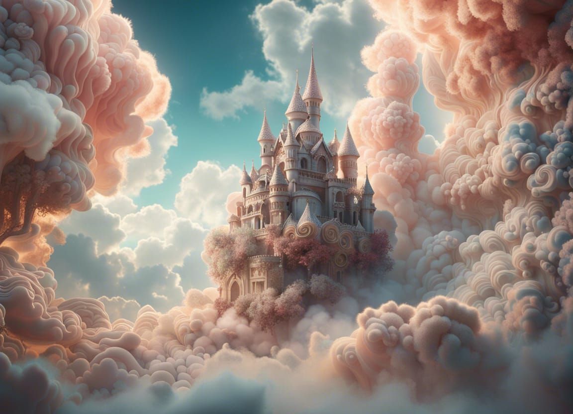 Fairy Castle Dissolving in Clouds: Photorealistic Octane Ren...