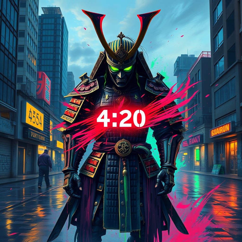 Samurai with Demon Mask in Glitch Art Style