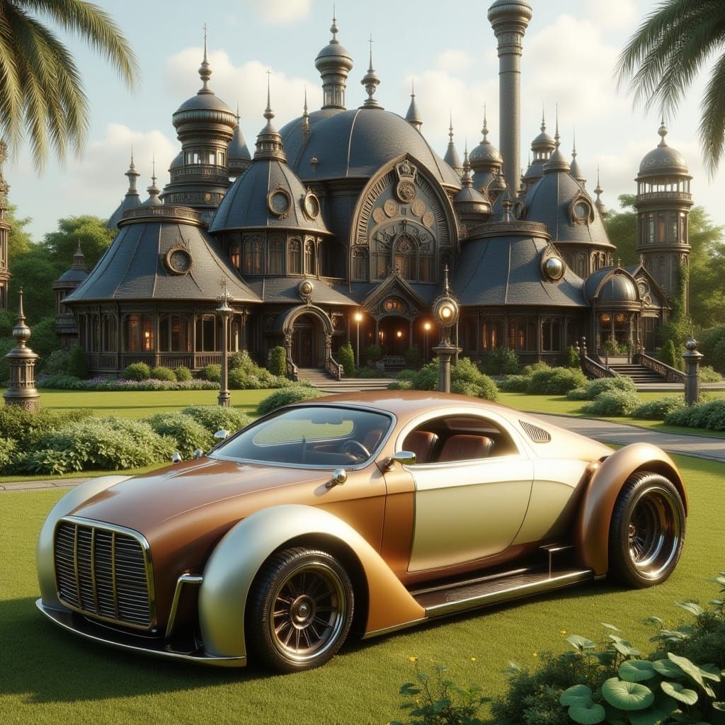 Steampunk Roadster Parked Before Futuristic Castle