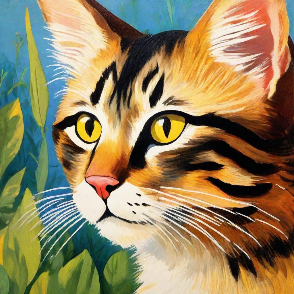 Detailed Cat Portrait in Whimsical Gouache Style