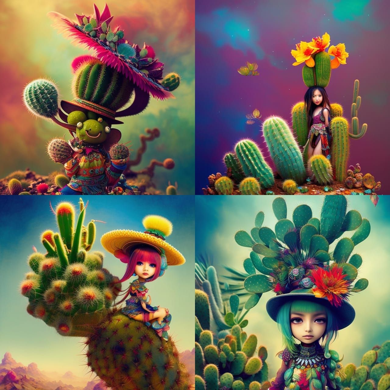 Chibi Cactus with Sombrero in Fantasy Desert Scene