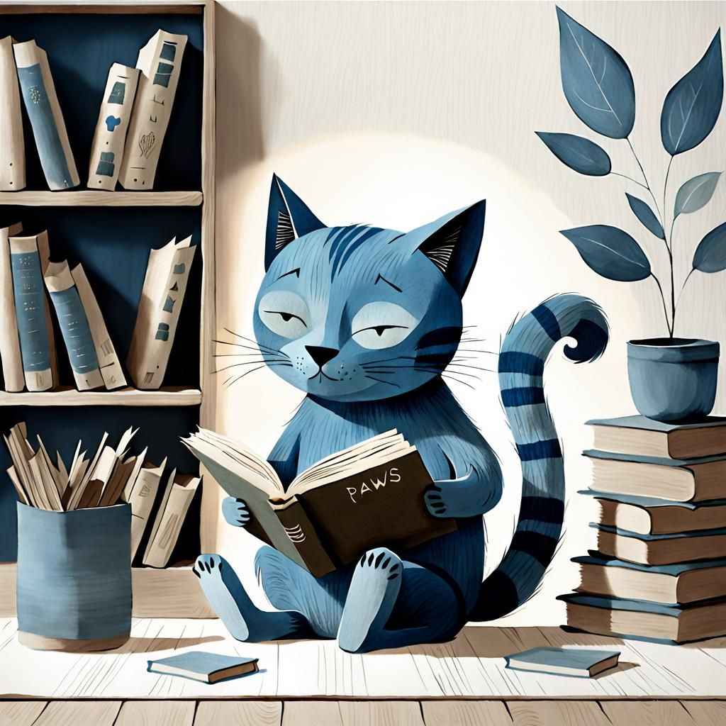 Blue Cat Reading Book in Jon Klassen Style