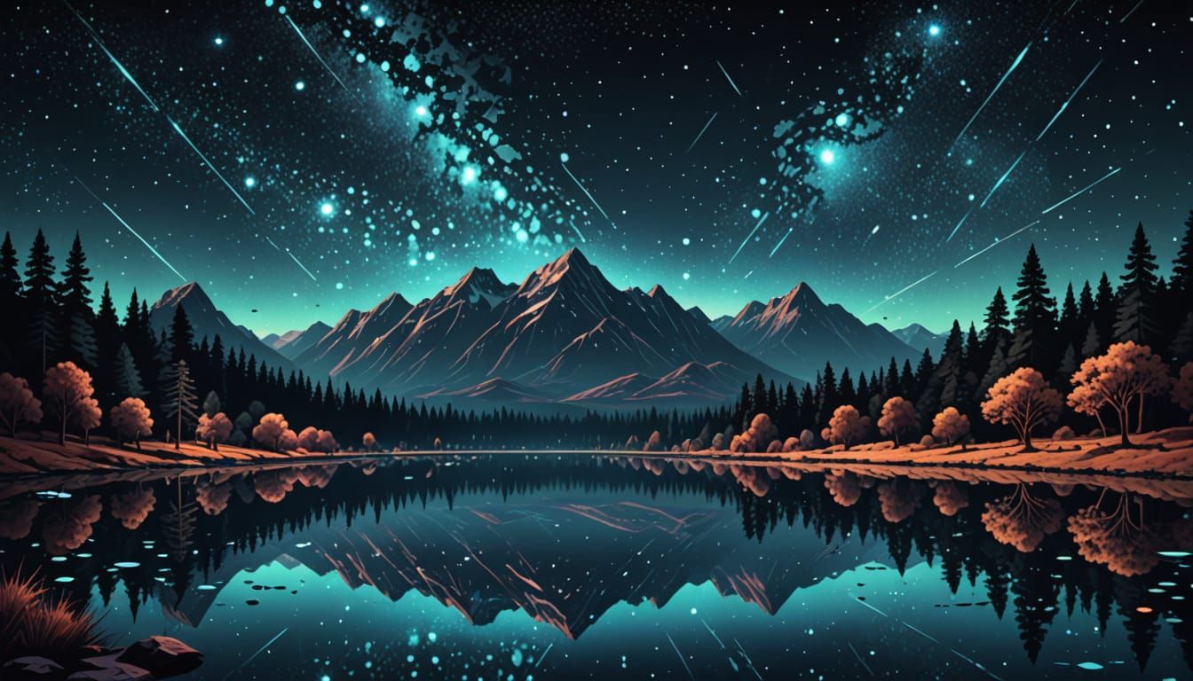 Mirror Lake at Night with Stars in Mid-Century Digital Art S...