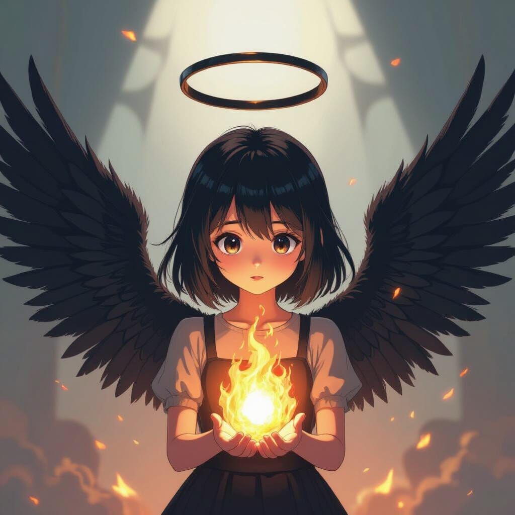 Girl With Black Wings Holds Fire Under Broken Halo