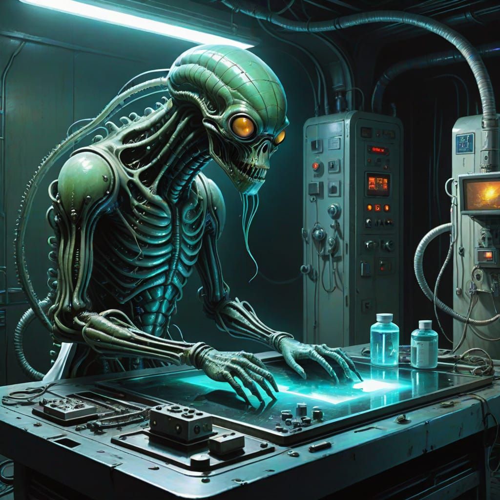 Biomechanical Parasite Extraction in Dark Surrealist Style