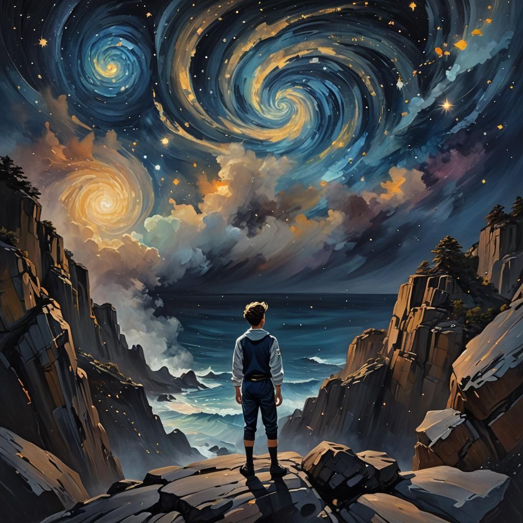 Sailor Gazing at Galaxy in Dreamlike Starry Night