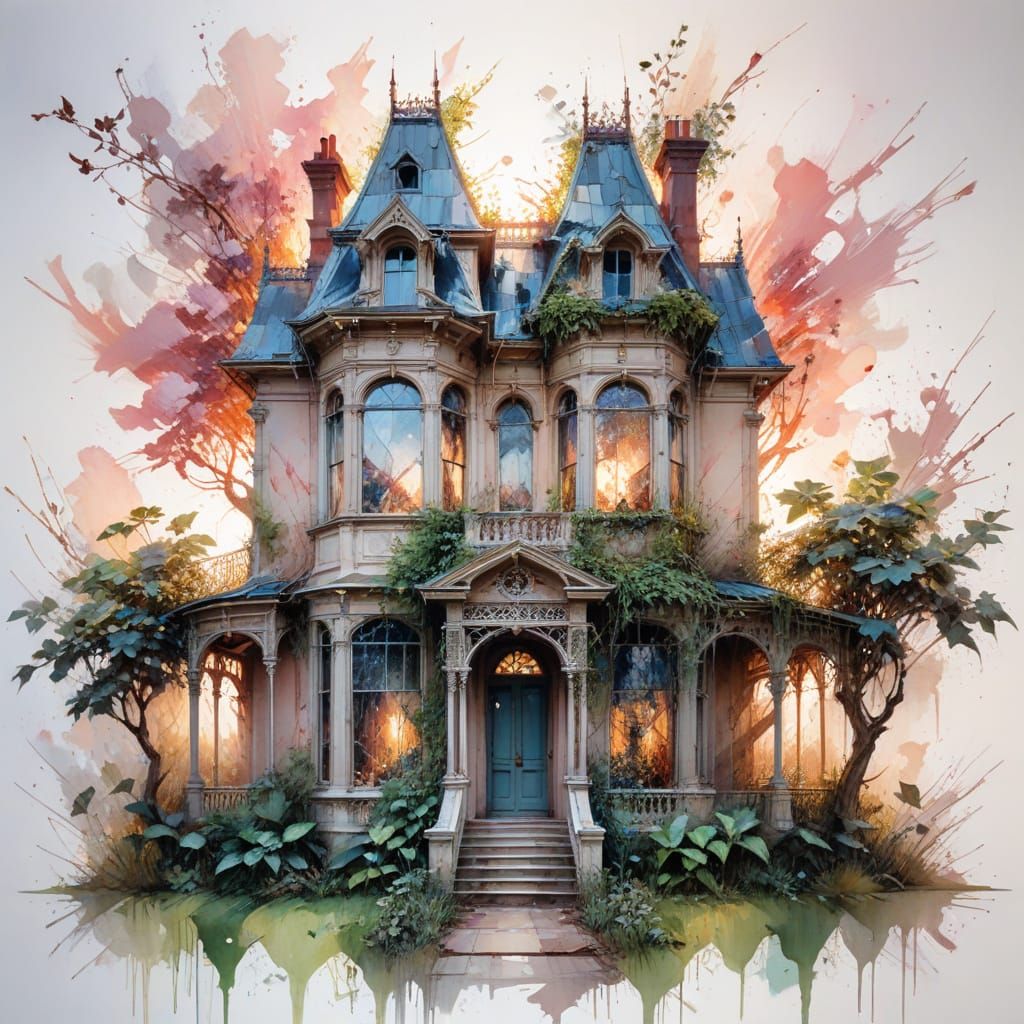 Abandoned Victorian Mansion at Dawn in Watercolour Style