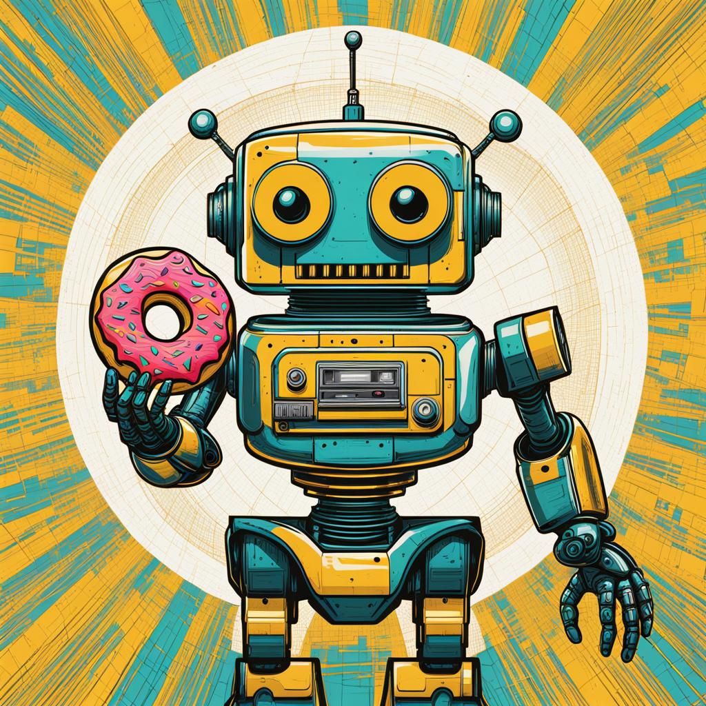 Robot Triumphant with Donut in Pop Art Style