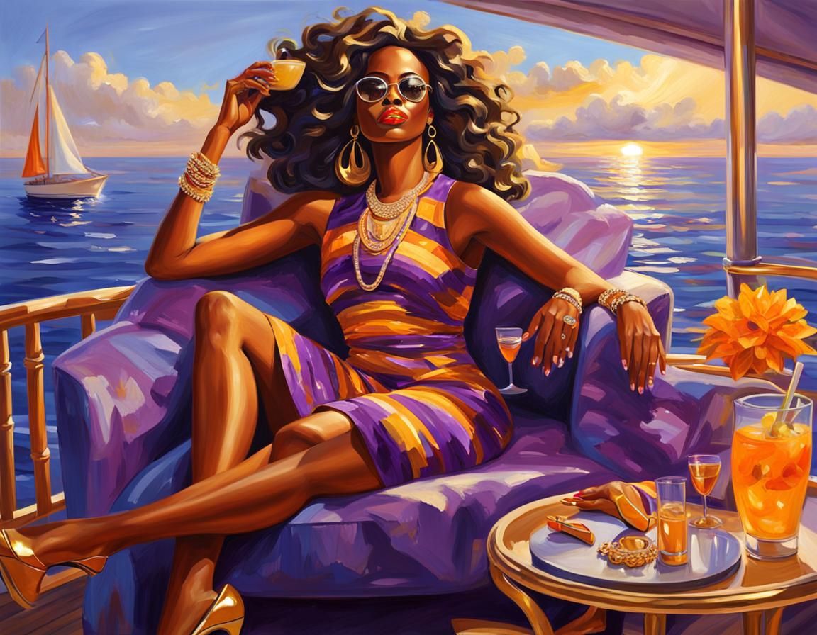 African-American Woman Relaxing on Yacht in 3D Oil Painting
