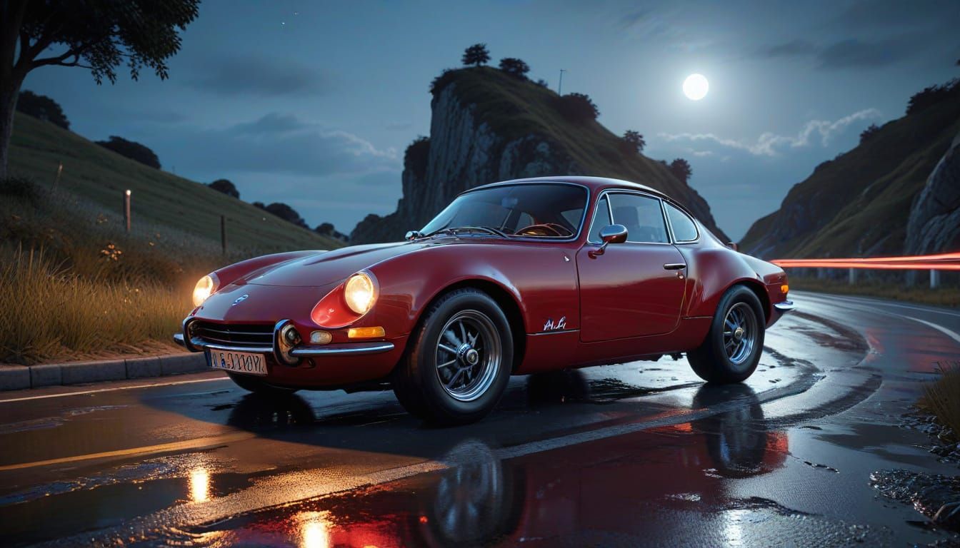 Ruby Red Alpine A110 Drives Normandy Coast at Night